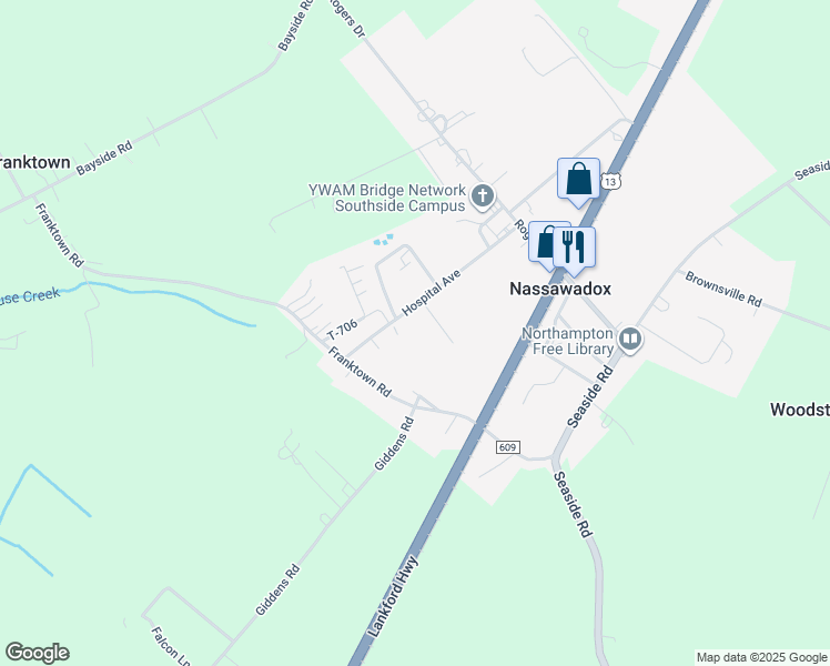 map of restaurants, bars, coffee shops, grocery stores, and more near 9468 T-681 in Nassawadox