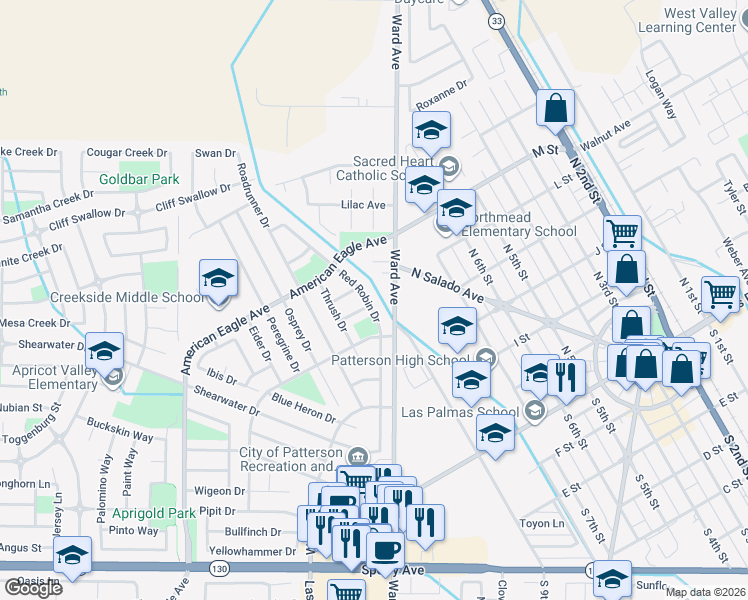 map of restaurants, bars, coffee shops, grocery stores, and more near 432 Red Robin Drive in Patterson