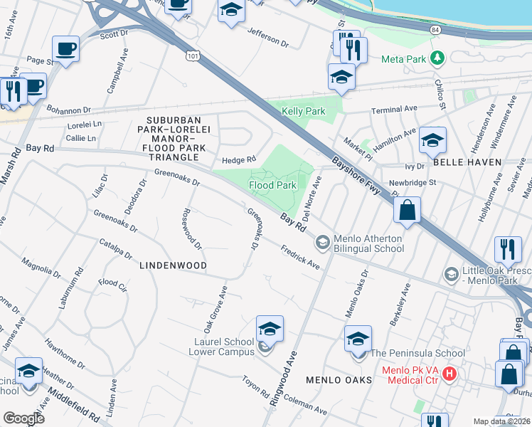 map of restaurants, bars, coffee shops, grocery stores, and more near 214 Greenoaks Drive in Atherton
