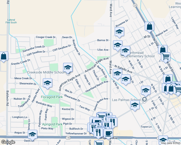 map of restaurants, bars, coffee shops, grocery stores, and more near 456 Roadrunner Drive in Patterson
