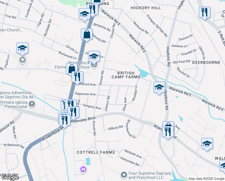 map of restaurants, bars, coffee shops, grocery stores, and more near 3123 Chesco Road in Richmond