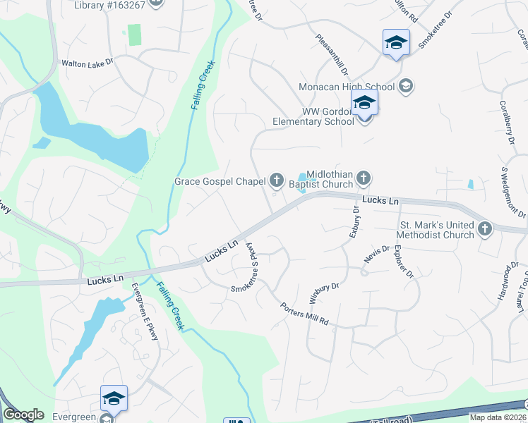 map of restaurants, bars, coffee shops, grocery stores, and more near 12030 Lucks Lane in Midlothian