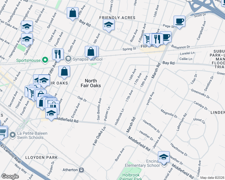 map of restaurants, bars, coffee shops, grocery stores, and more near 548 Palmer Lane in Menlo Park
