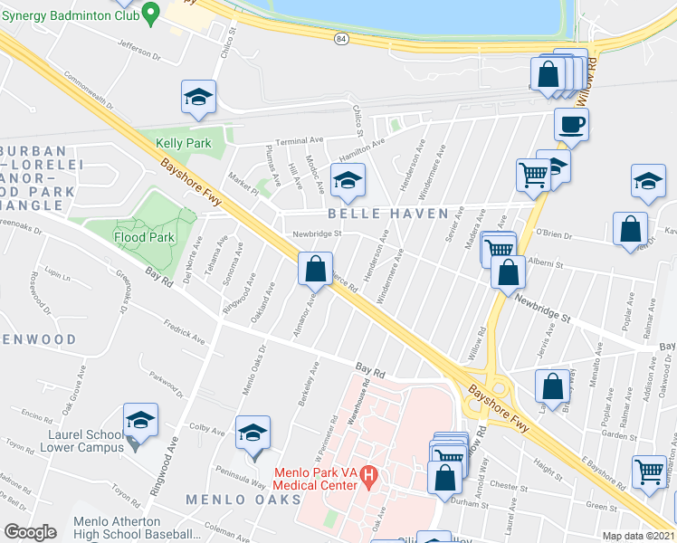 map of restaurants, bars, coffee shops, grocery stores, and more near 1050 Almanor Avenue in Menlo Park