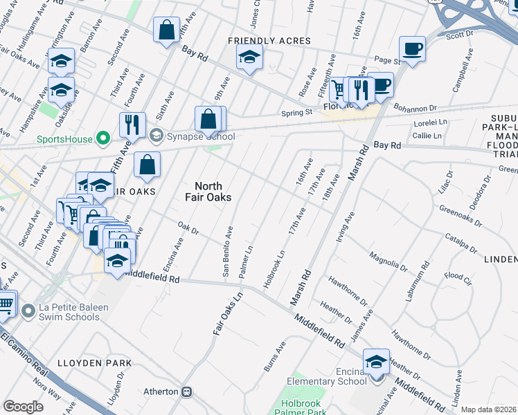 map of restaurants, bars, coffee shops, grocery stores, and more near 548 Palmer Lane in Menlo Park