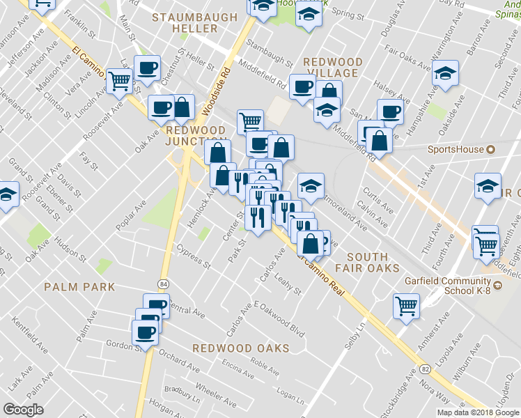map of restaurants, bars, coffee shops, grocery stores, and more near 2501 El Camino Real in Redwood City