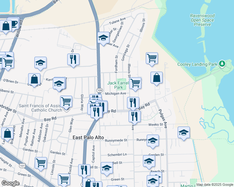 map of restaurants, bars, coffee shops, grocery stores, and more near Fordham Street & Michigan Avenue in East Palo Alto