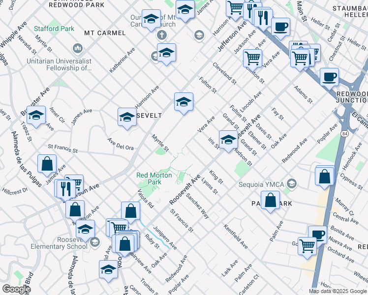 map of restaurants, bars, coffee shops, grocery stores, and more near Vera Avenue in Redwood City