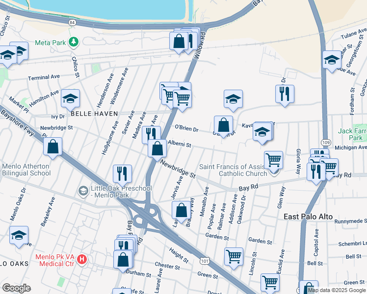 map of restaurants, bars, coffee shops, grocery stores, and more near 1002 Alberni Street in East Palo Alto