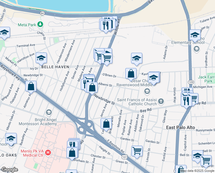 map of restaurants, bars, coffee shops, grocery stores, and more near 1002 Alberni Street in East Palo Alto