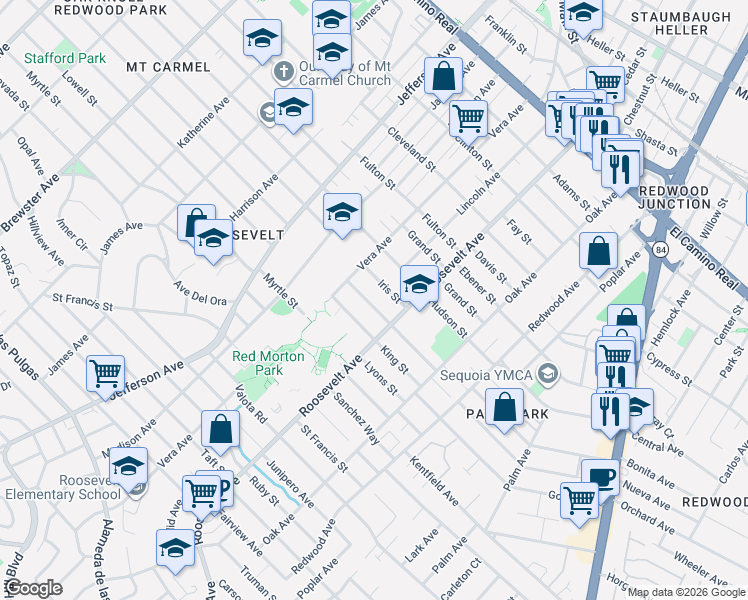 map of restaurants, bars, coffee shops, grocery stores, and more near 1002 Roosevelt Avenue in Redwood City