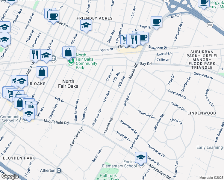 map of restaurants, bars, coffee shops, grocery stores, and more near 692 17th Avenue in Menlo Park