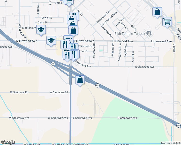 map of restaurants, bars, coffee shops, grocery stores, and more near 432 East Glenwood Avenue in Turlock