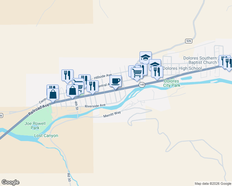 map of restaurants, bars, coffee shops, grocery stores, and more near 207 Road 27.7 in Dolores