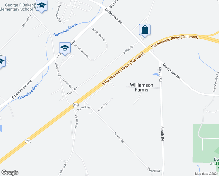 map of restaurants, bars, coffee shops, grocery stores, and more near 6881 Millers Crossing Trail in Henrico