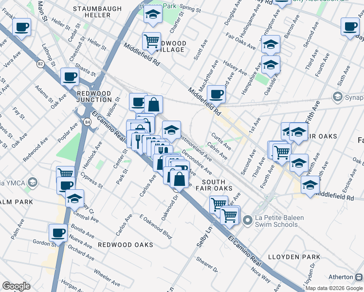 map of restaurants, bars, coffee shops, grocery stores, and more near 180 Buckingham Avenue in Redwood City