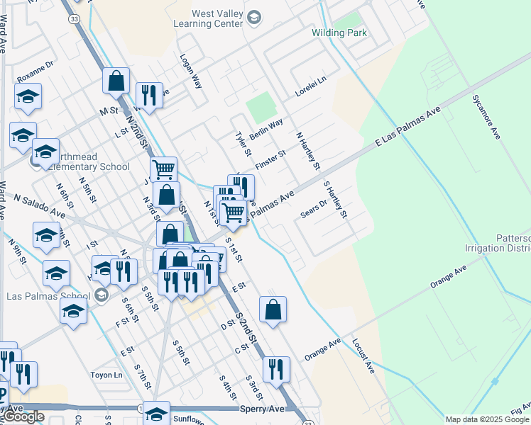map of restaurants, bars, coffee shops, grocery stores, and more near 230 East Las Palmas Avenue in Patterson