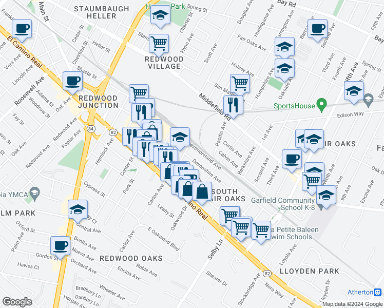 map of restaurants, bars, coffee shops, grocery stores, and more near 2713 Marlborough Avenue in Redwood City