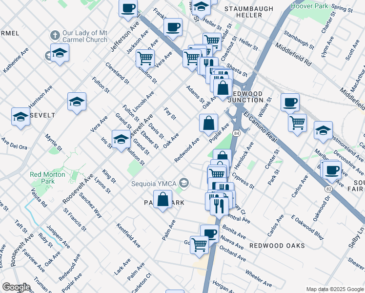 map of restaurants, bars, coffee shops, grocery stores, and more near 506 Redwood Avenue in Redwood City