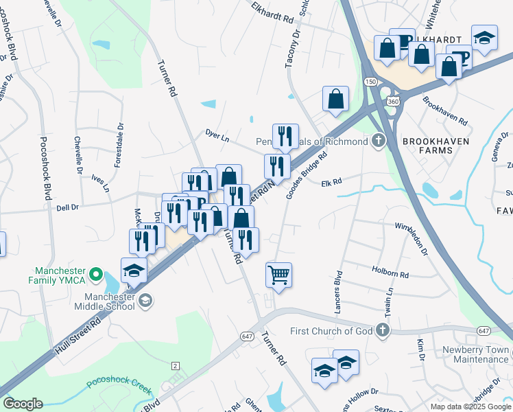 map of restaurants, bars, coffee shops, grocery stores, and more near 7011 Hull Street Road in Richmond