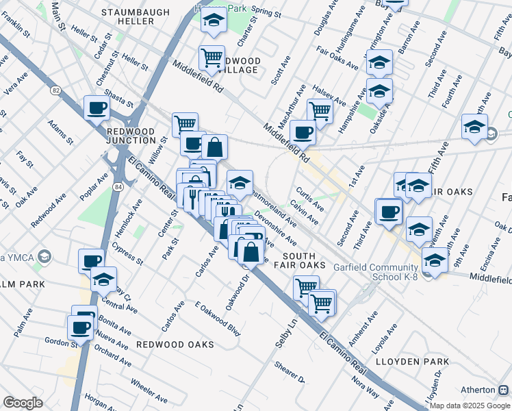 map of restaurants, bars, coffee shops, grocery stores, and more near 180 Buckingham Avenue in Redwood City