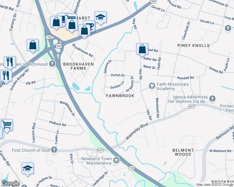 map of restaurants, bars, coffee shops, grocery stores, and more near 5933 Saint Moritz Drive in Richmond