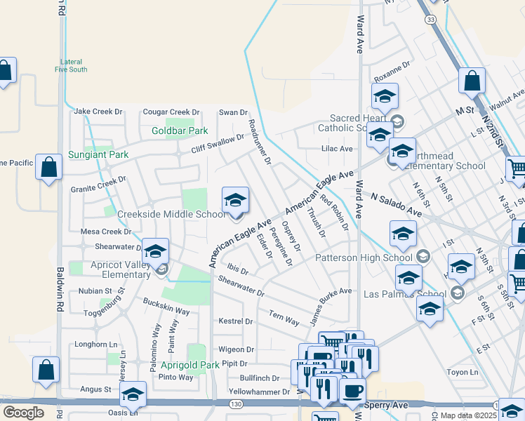 map of restaurants, bars, coffee shops, grocery stores, and more near 535 Peregrine Drive in Patterson