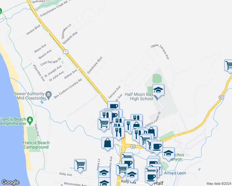 map of restaurants, bars, coffee shops, grocery stores, and more near 535 Terrace Avenue in Half Moon Bay