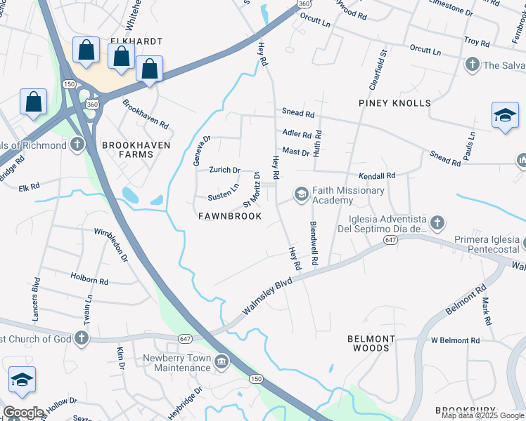map of restaurants, bars, coffee shops, grocery stores, and more near 2705 Saint Moritz Court in Richmond