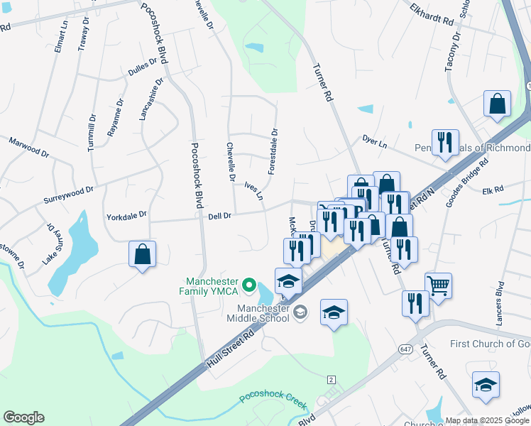 map of restaurants, bars, coffee shops, grocery stores, and more near 2222 Ives Lane in Richmond