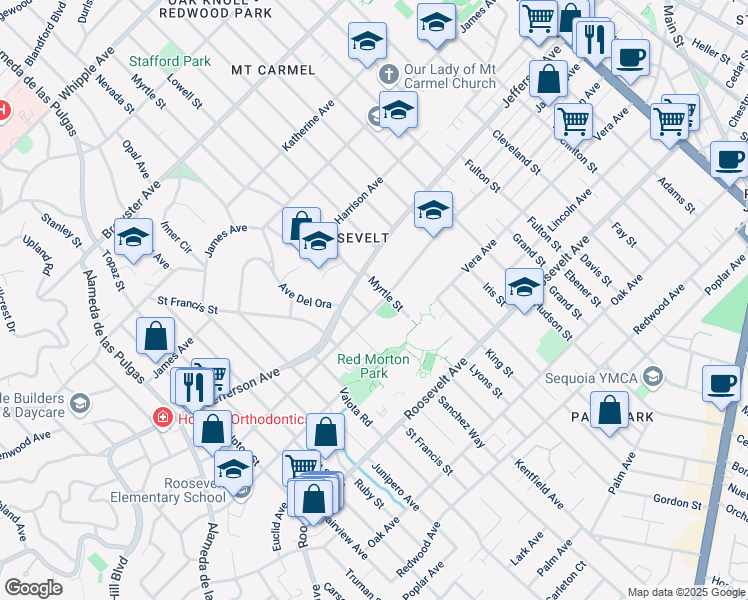map of restaurants, bars, coffee shops, grocery stores, and more near 1122 Madison Avenue in Redwood City