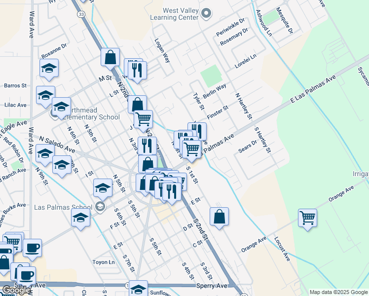 map of restaurants, bars, coffee shops, grocery stores, and more near 107 North 1st Street in Patterson
