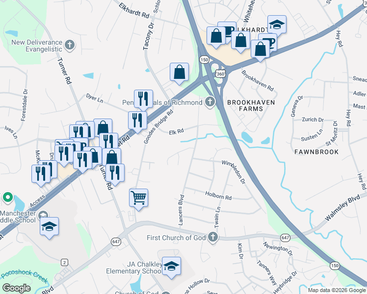 map of restaurants, bars, coffee shops, grocery stores, and more near 2310 Lancers Boulevard in Richmond
