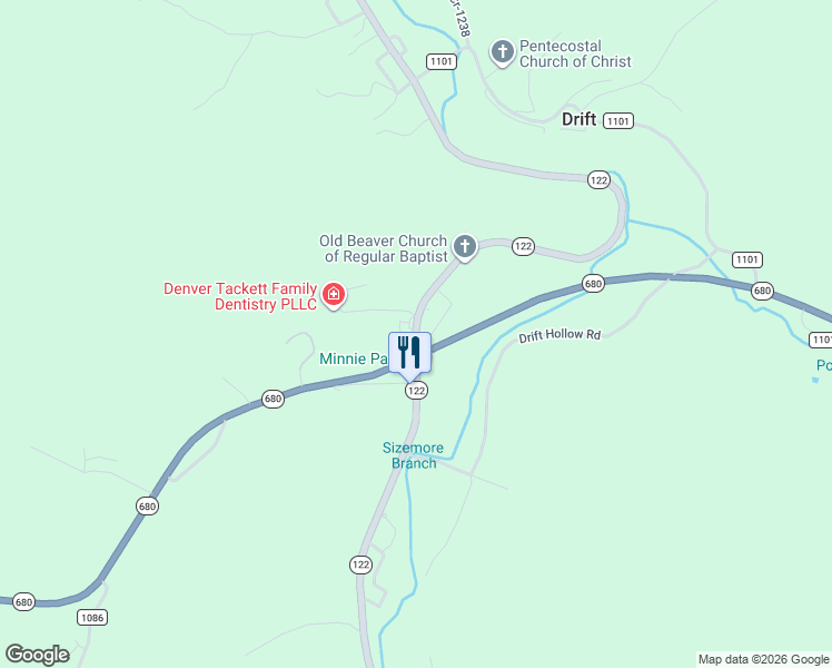 map of restaurants, bars, coffee shops, grocery stores, and more near 8277 Kentucky 122 in McDowell