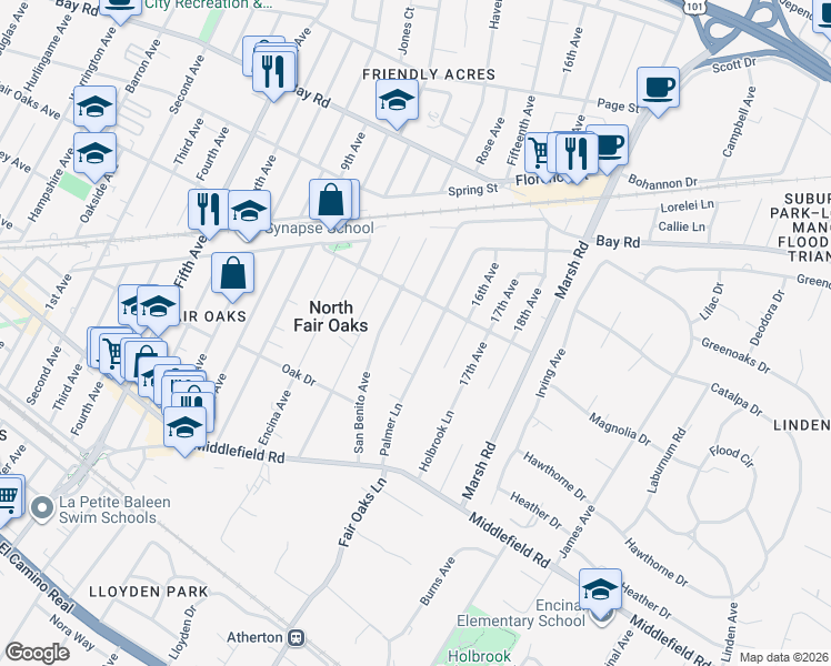 map of restaurants, bars, coffee shops, grocery stores, and more near 642 Fourteenth Avenue in Menlo Park