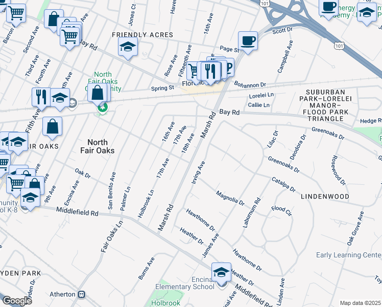 map of restaurants, bars, coffee shops, grocery stores, and more near 765 Marsh Road in Menlo Park