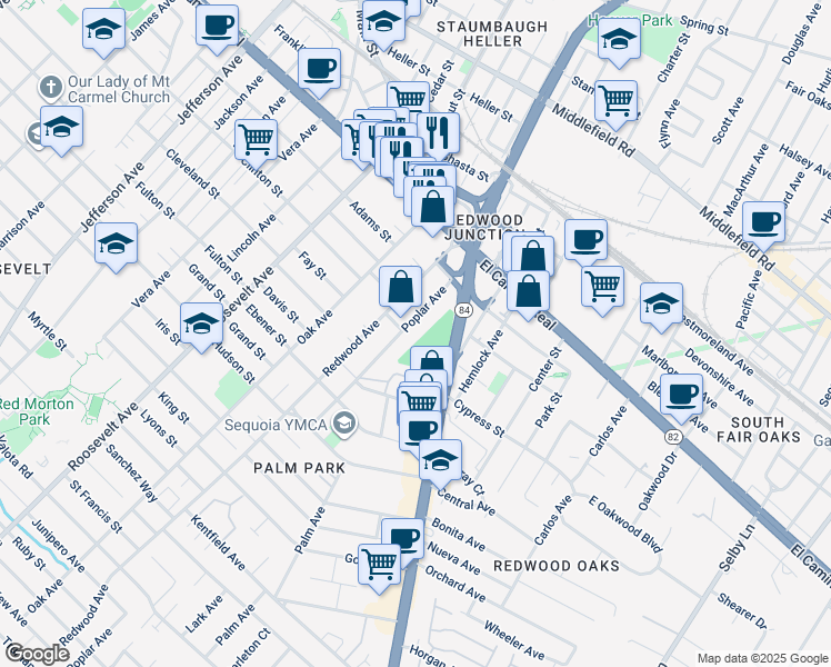 map of restaurants, bars, coffee shops, grocery stores, and more near 252 Poplar Avenue in Redwood City