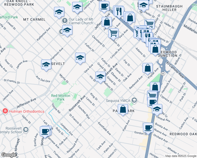 map of restaurants, bars, coffee shops, grocery stores, and more near 740 Roosevelt Avenue in Redwood City