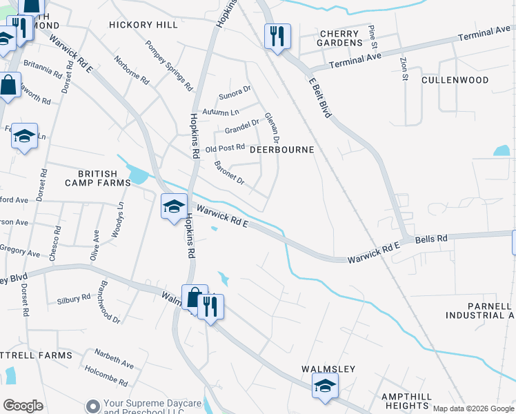 map of restaurants, bars, coffee shops, grocery stores, and more near 3715 Baronet Drive in Richmond