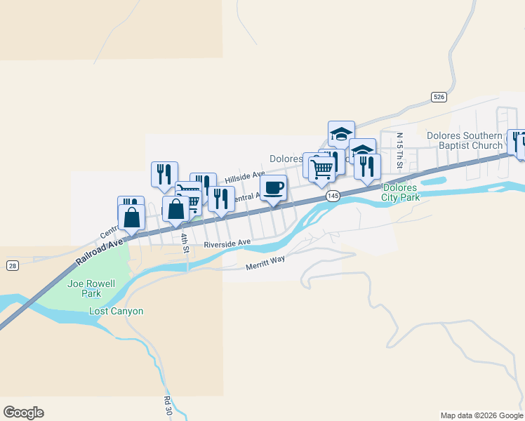 map of restaurants, bars, coffee shops, grocery stores, and more near Highway 145 in Dolores