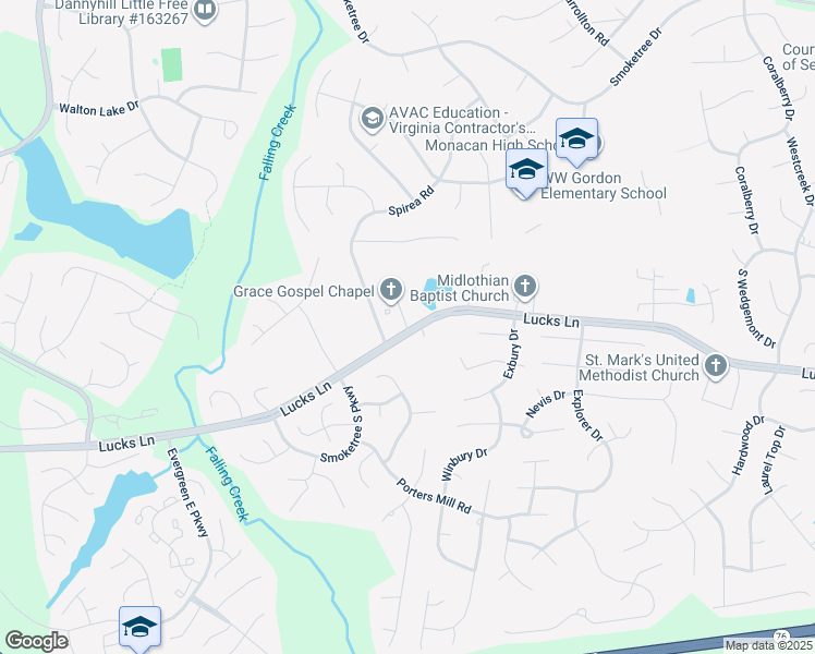 map of restaurants, bars, coffee shops, grocery stores, and more near 12018 Lucks Lane in Midlothian
