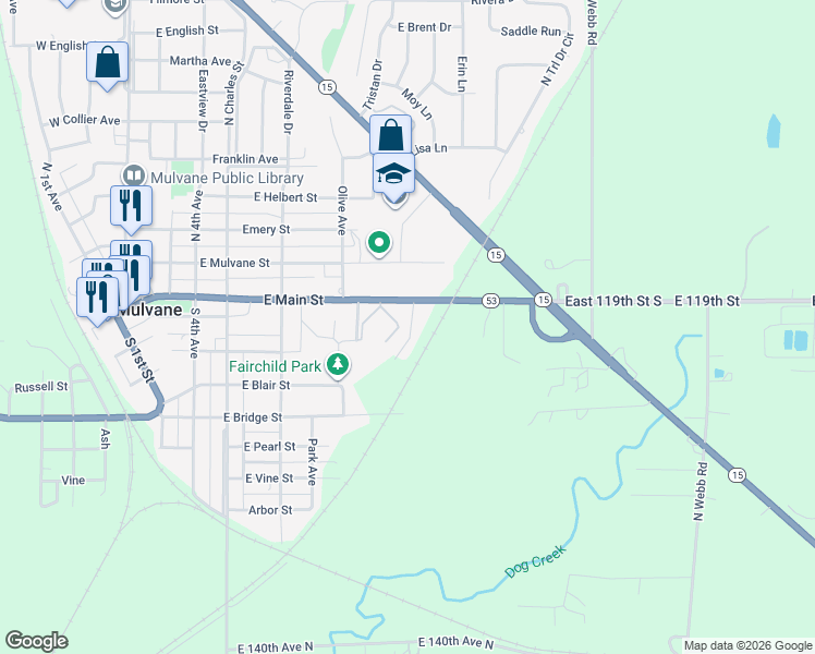 map of restaurants, bars, coffee shops, grocery stores, and more near 723-783 East Main Street in Mulvane