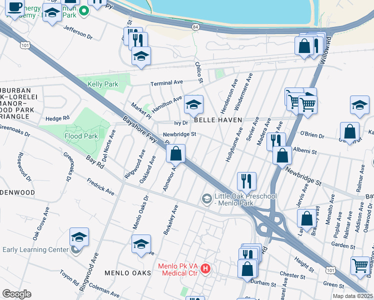 map of restaurants, bars, coffee shops, grocery stores, and more near 1110 Almanor Avenue in Menlo Park
