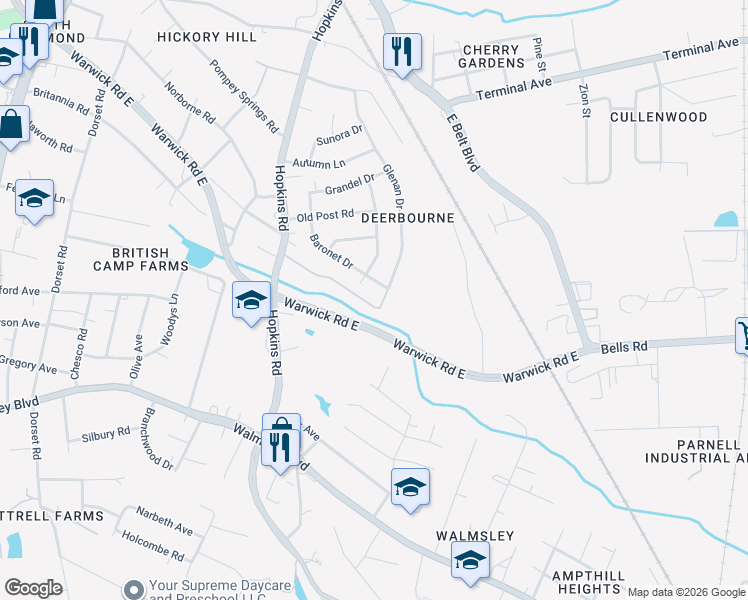 map of restaurants, bars, coffee shops, grocery stores, and more near 3715 Baronet Drive in Richmond