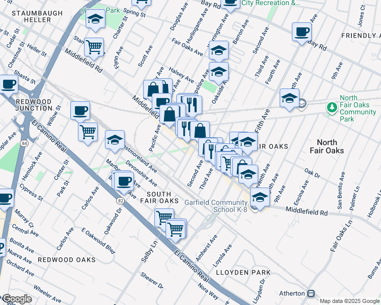 map of restaurants, bars, coffee shops, grocery stores, and more near 2943 Middlefield Road in Redwood City