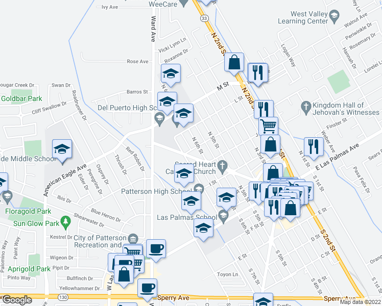map of restaurants, bars, coffee shops, grocery stores, and more near 634 K Street in Patterson