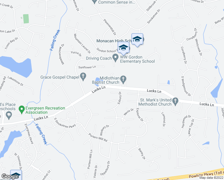map of restaurants, bars, coffee shops, grocery stores, and more near 11918 Exbury Court in Midlothian