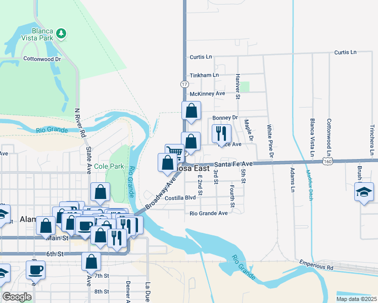 map of restaurants, bars, coffee shops, grocery stores, and more near 107 Price Avenue in Alamosa