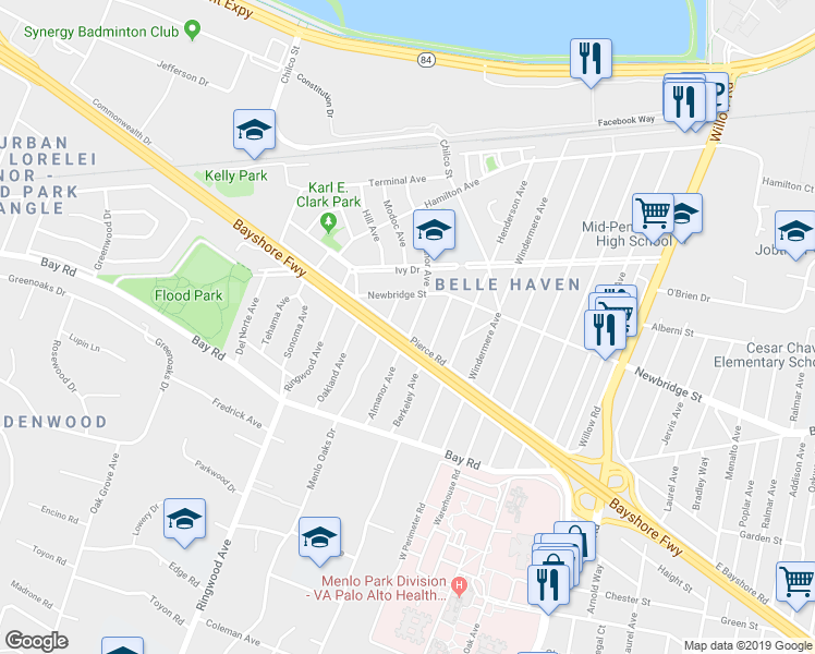 map of restaurants, bars, coffee shops, grocery stores, and more near 1130 Menlo Oaks Drive in Menlo Park