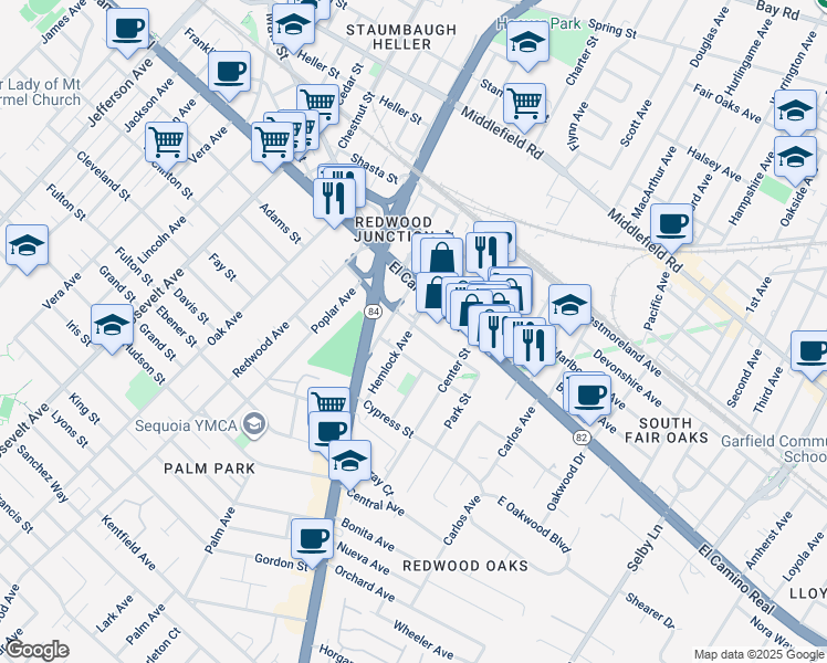 map of restaurants, bars, coffee shops, grocery stores, and more near 65 Hemlock Avenue in Redwood City